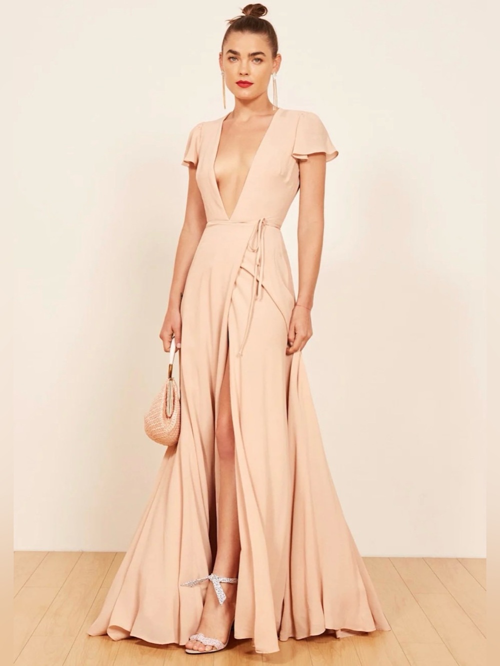 Reformation Rosey Wrap Dress Long Maxi Beige Neutral‎ Champagne Sz S NWT *stain*